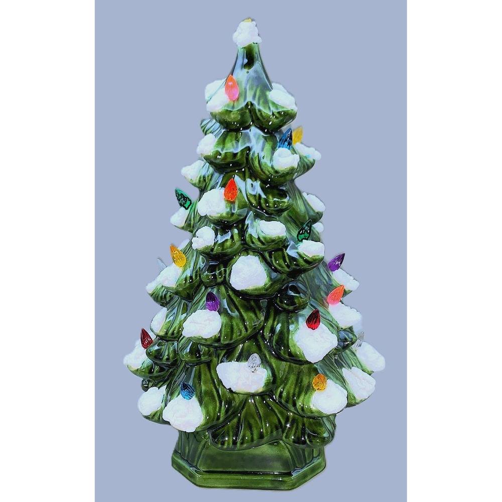 1977 Snow Tipped Christmas Tree Atlantic Mold 12" Lights Ceramic w/ Base Vintage